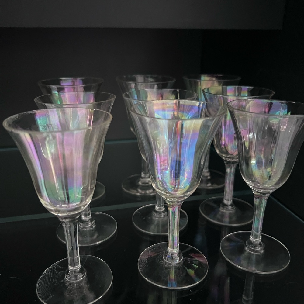 Vintage Fostoria mother-of-pearl iridescent cordial glasses, set of 9